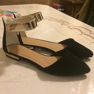 Black Suede Flats with Gold Strap